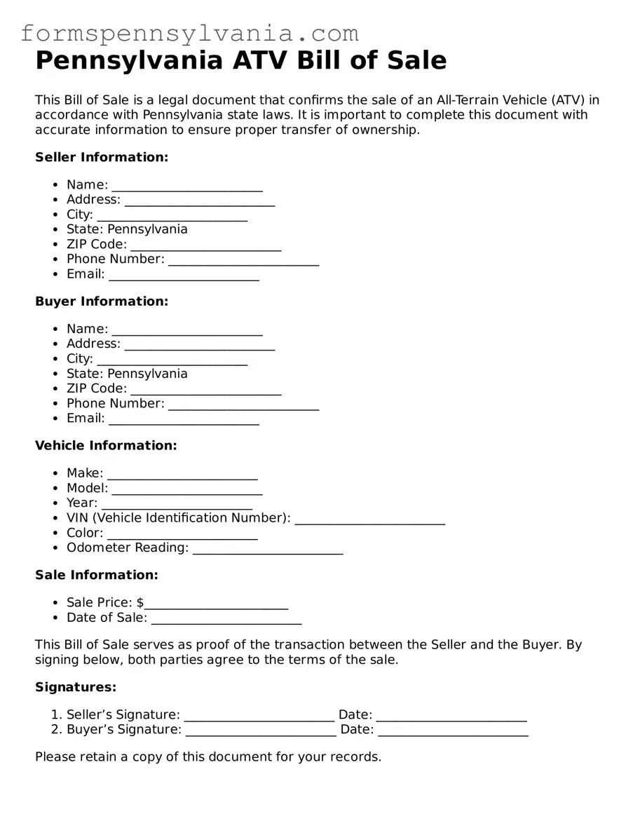 Blank  ATV Bill of Sale Template for Pennsylvania
