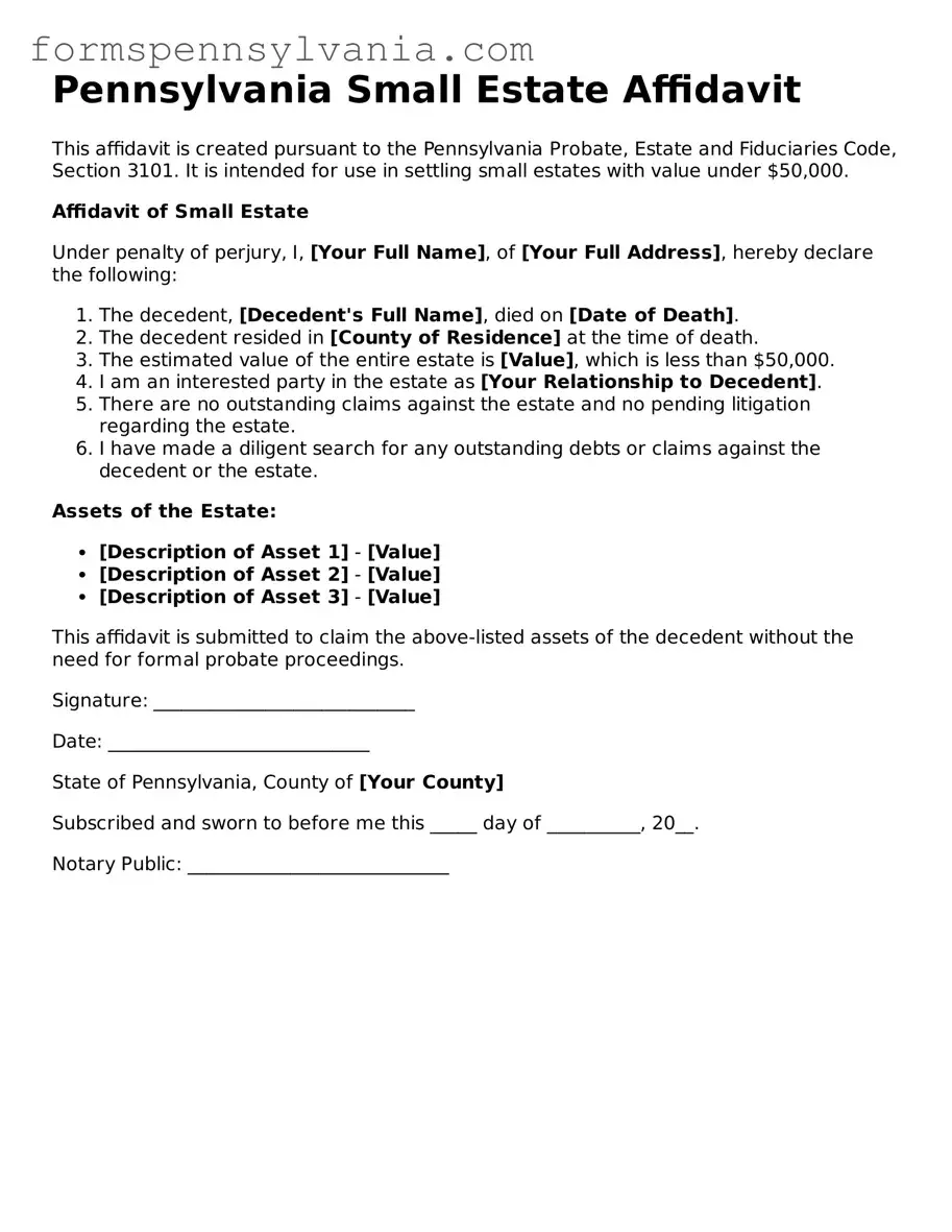 Blank  Small Estate Affidavit Template for Pennsylvania