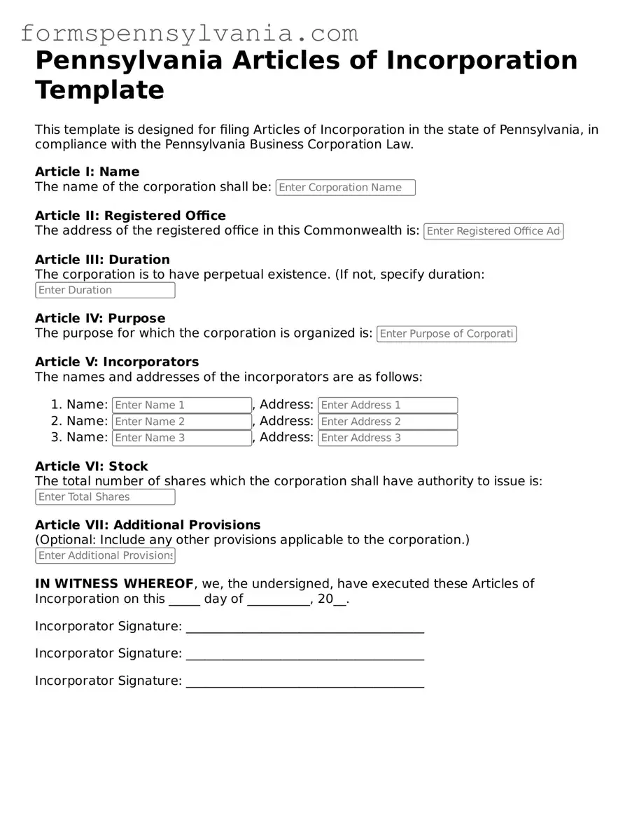 Blank  Articles of Incorporation Template for Pennsylvania