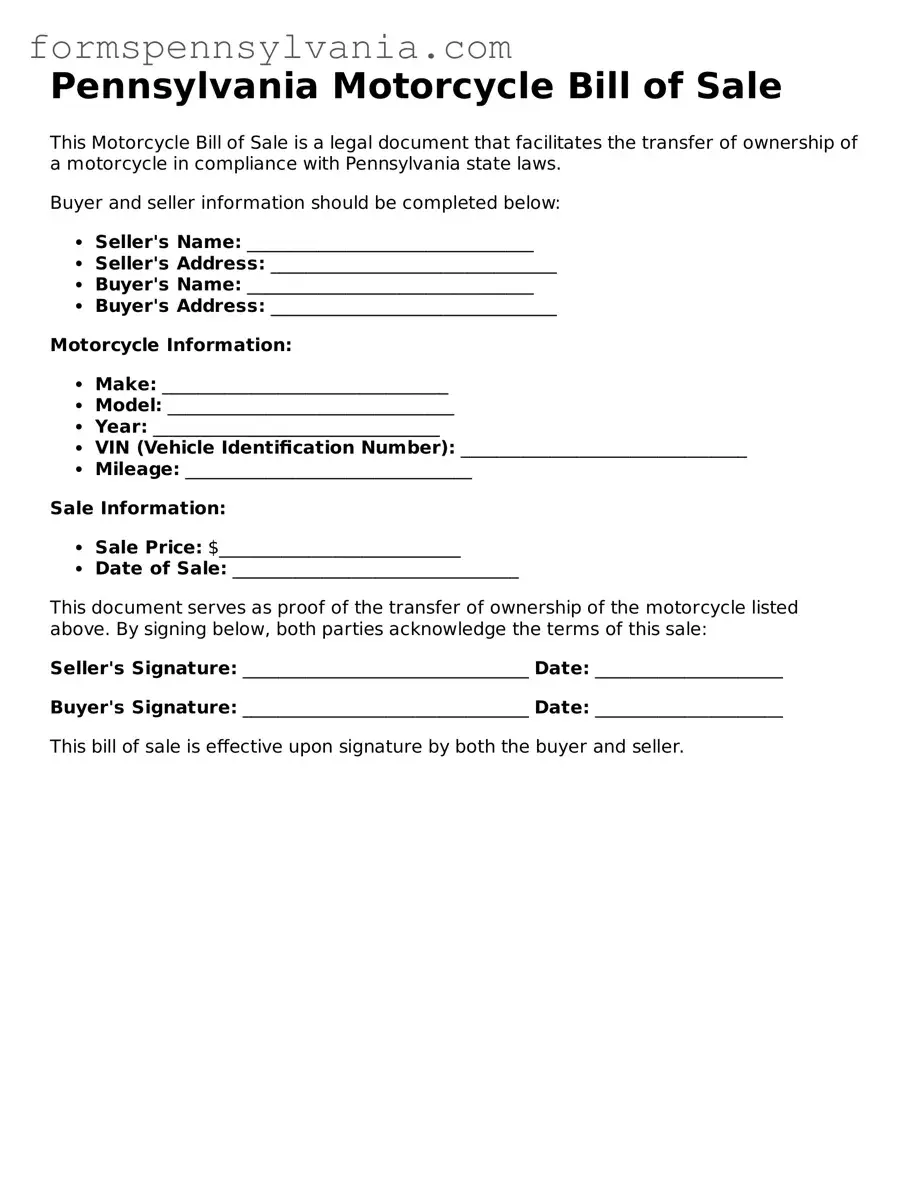 Blank  Motorcycle Bill of Sale Template for Pennsylvania