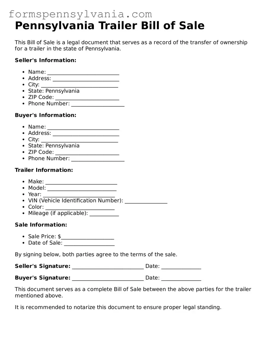 Blank  Trailer Bill of Sale Template for Pennsylvania