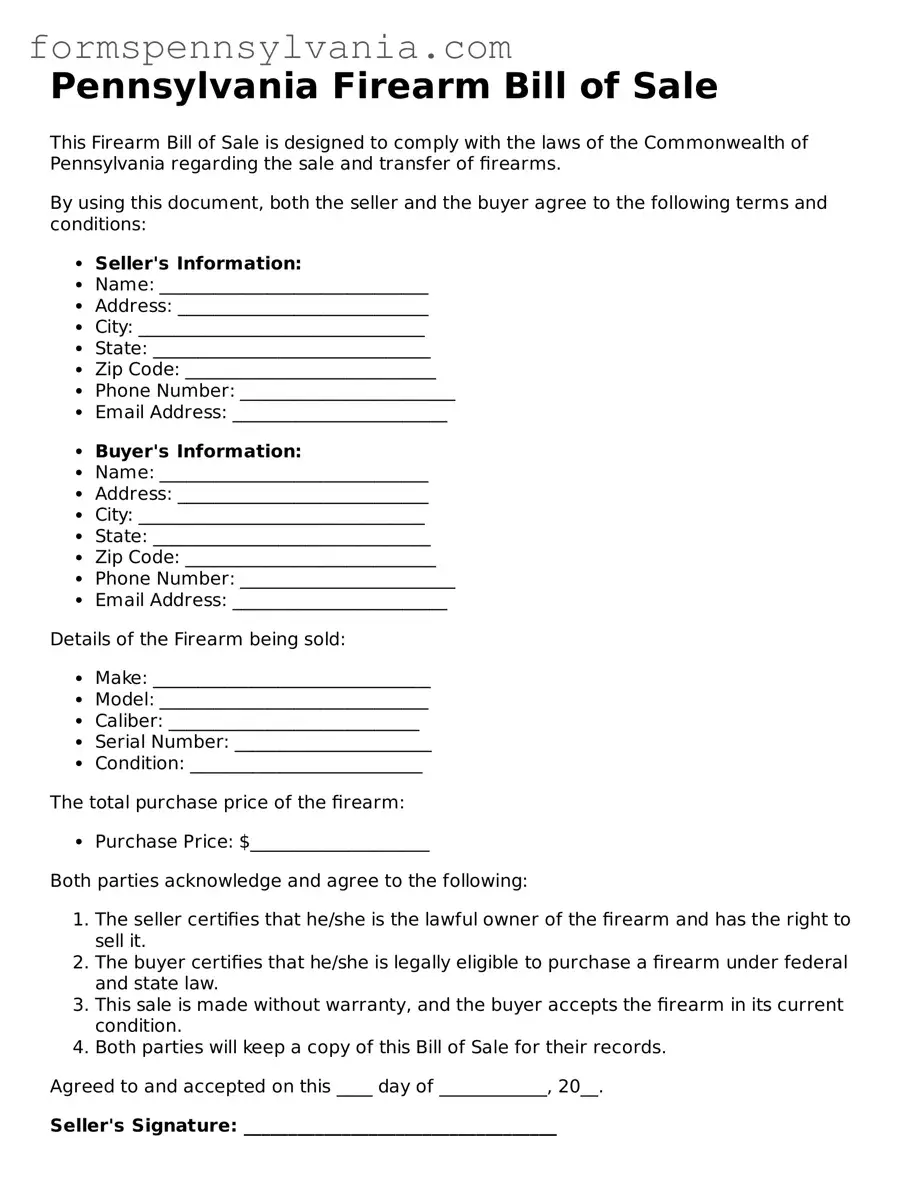 Blank  Firearm Bill of Sale Template for Pennsylvania