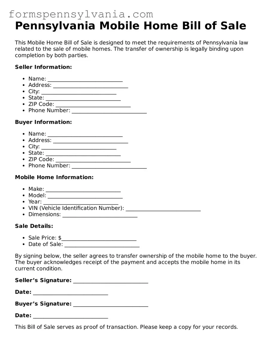 Blank  Mobile Home Bill of Sale Template for Pennsylvania