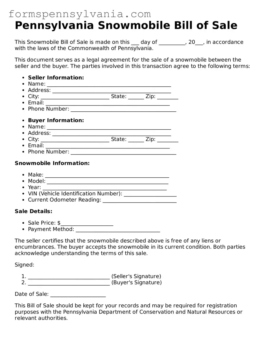 Blank  Snowmobile Bill of Sale Template for Pennsylvania