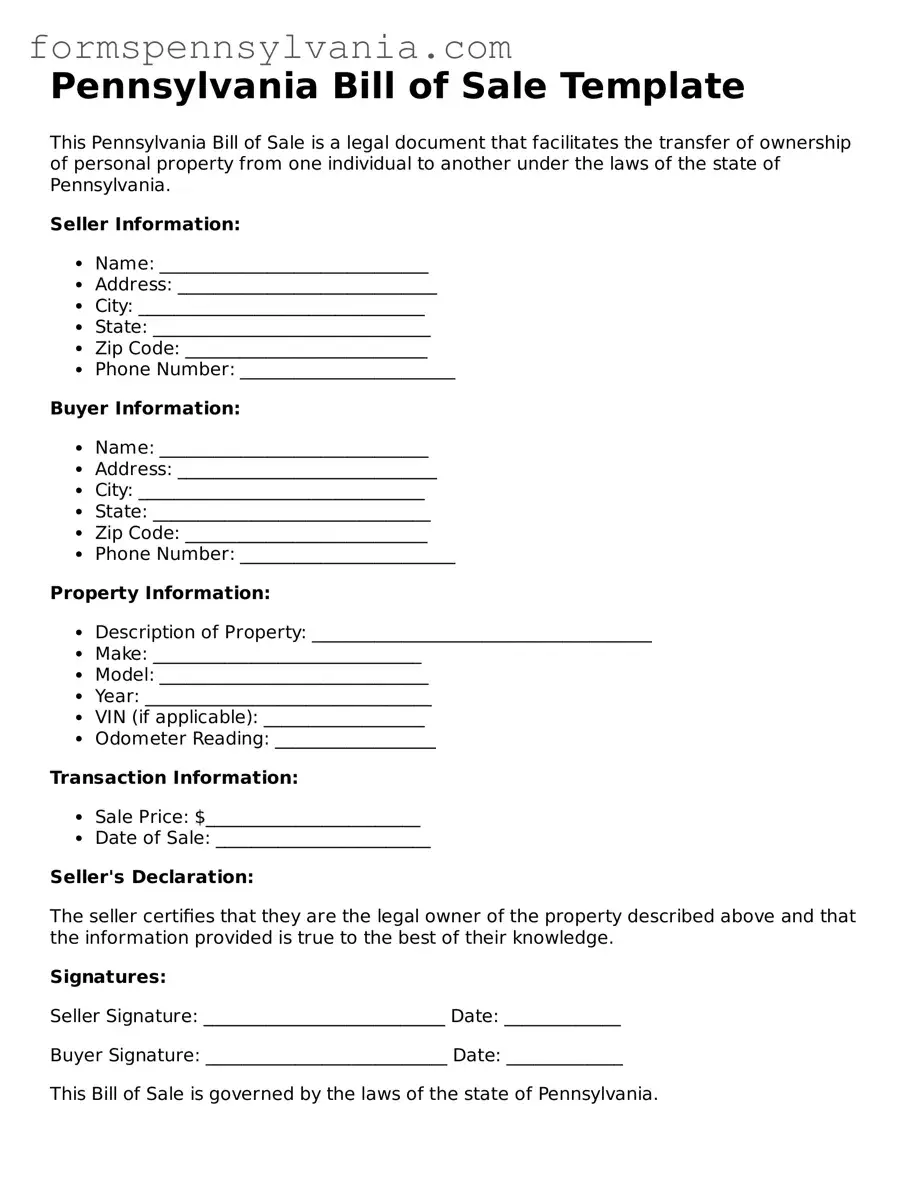 Blank  Bill of Sale Template for Pennsylvania