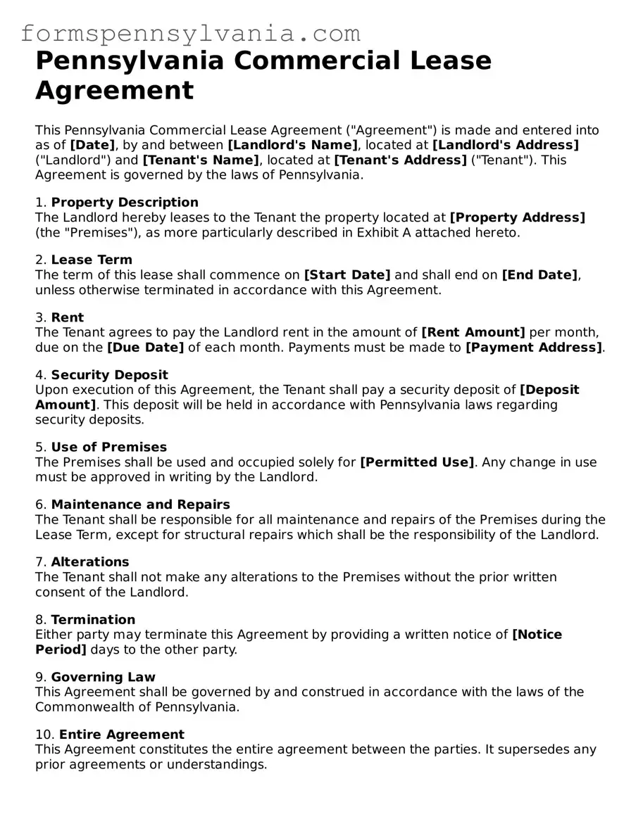Blank  Commercial Lease Agreement Template for Pennsylvania