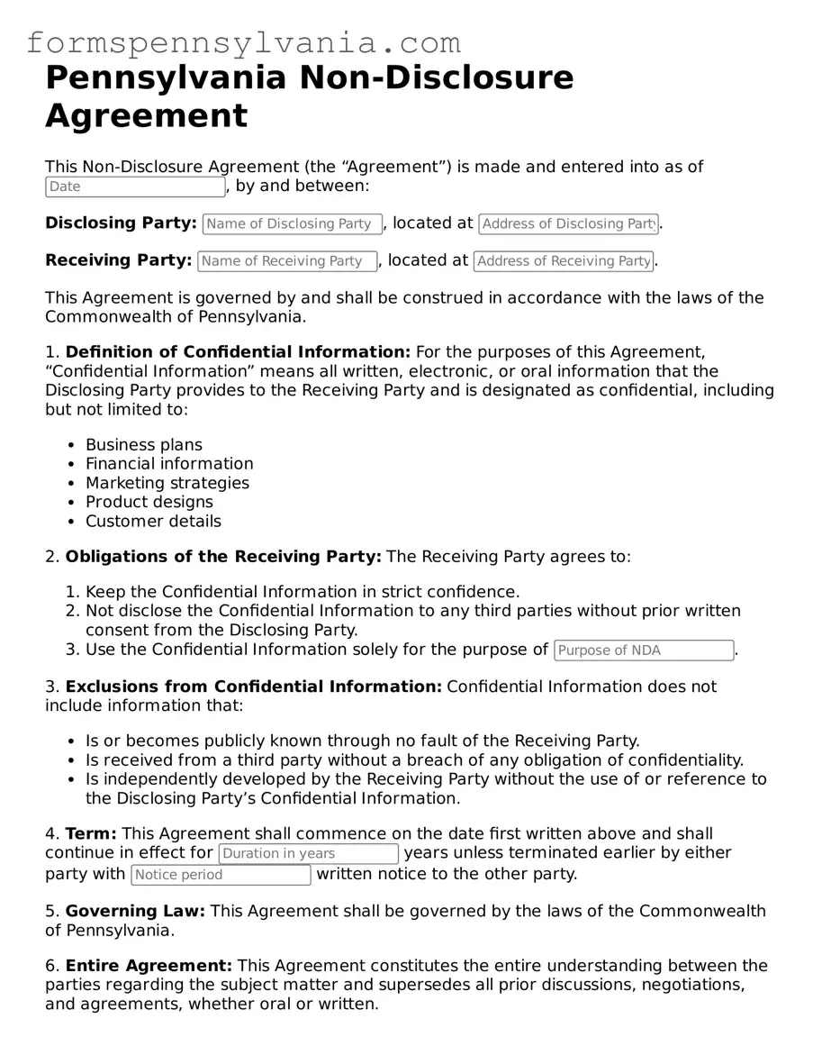 Blank  Non-disclosure Agreement Template for Pennsylvania