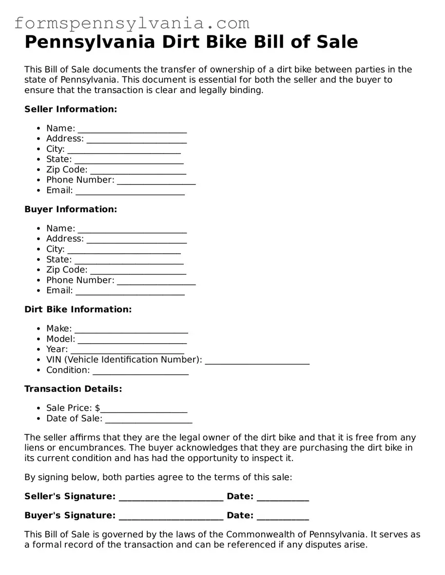 Blank  Dirt Bike Bill of Sale Template for Pennsylvania