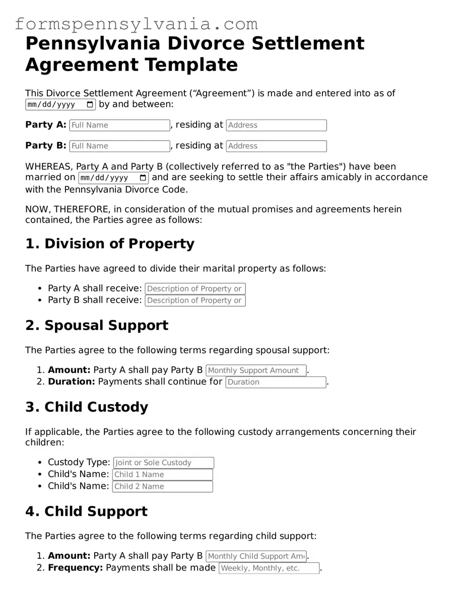 Blank  Divorce Settlement Agreement Template for Pennsylvania