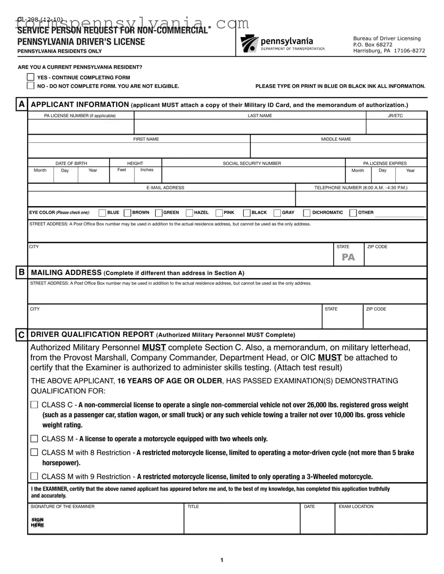 Fill in a Valid Pennsylvania Dl 298 Form