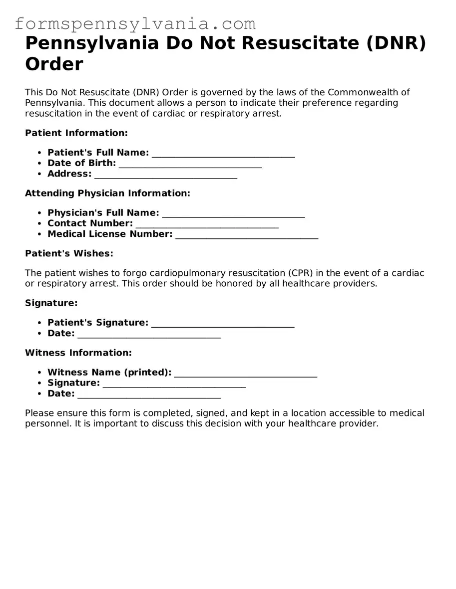 Blank  Do Not Resuscitate Order Template for Pennsylvania