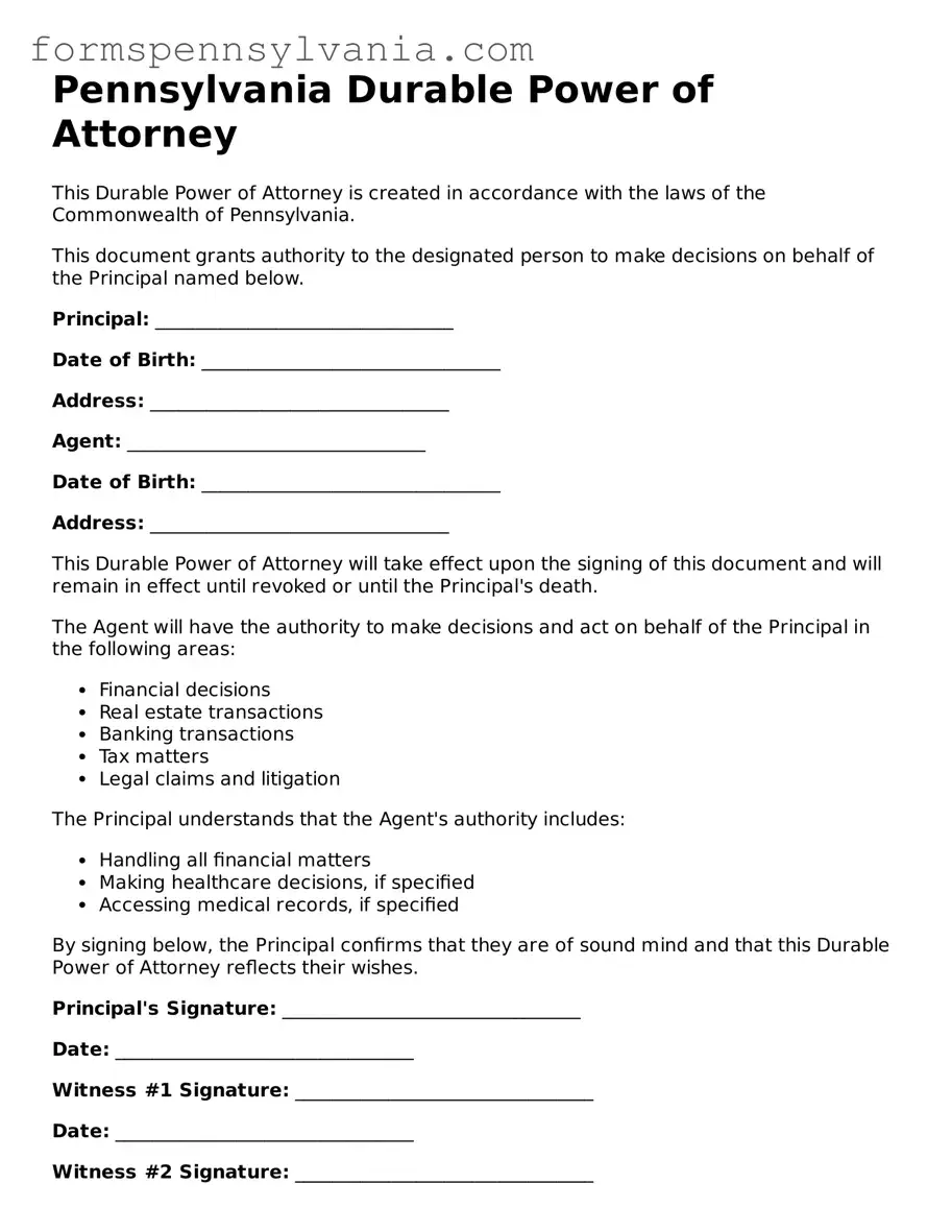 Blank  Durable Power of Attorney Template for Pennsylvania