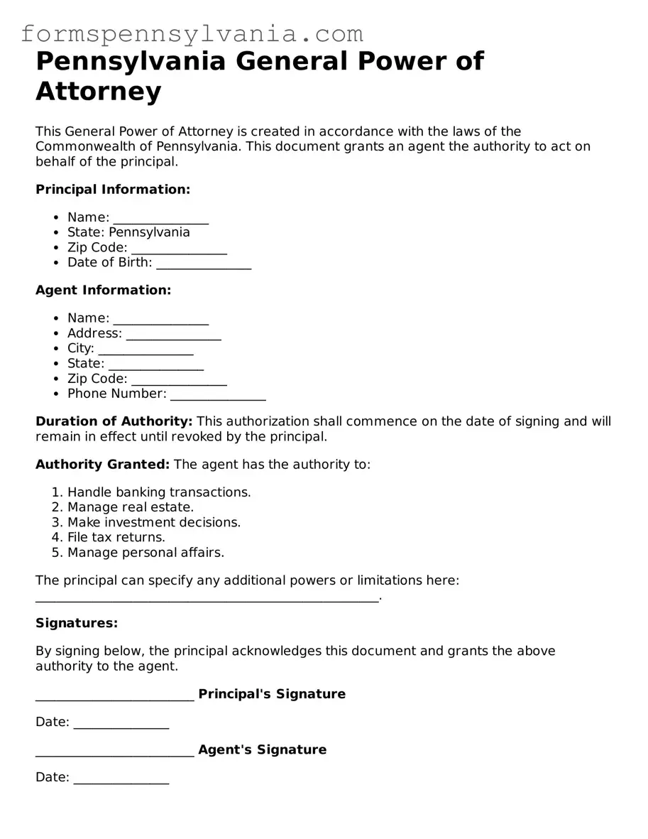 Blank  General Power of Attorney Template for Pennsylvania