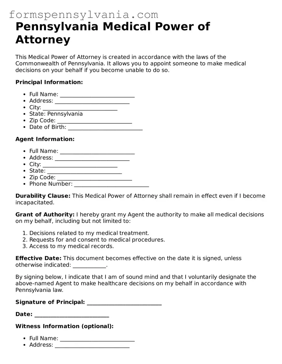 Blank  Medical Power of Attorney Template for Pennsylvania