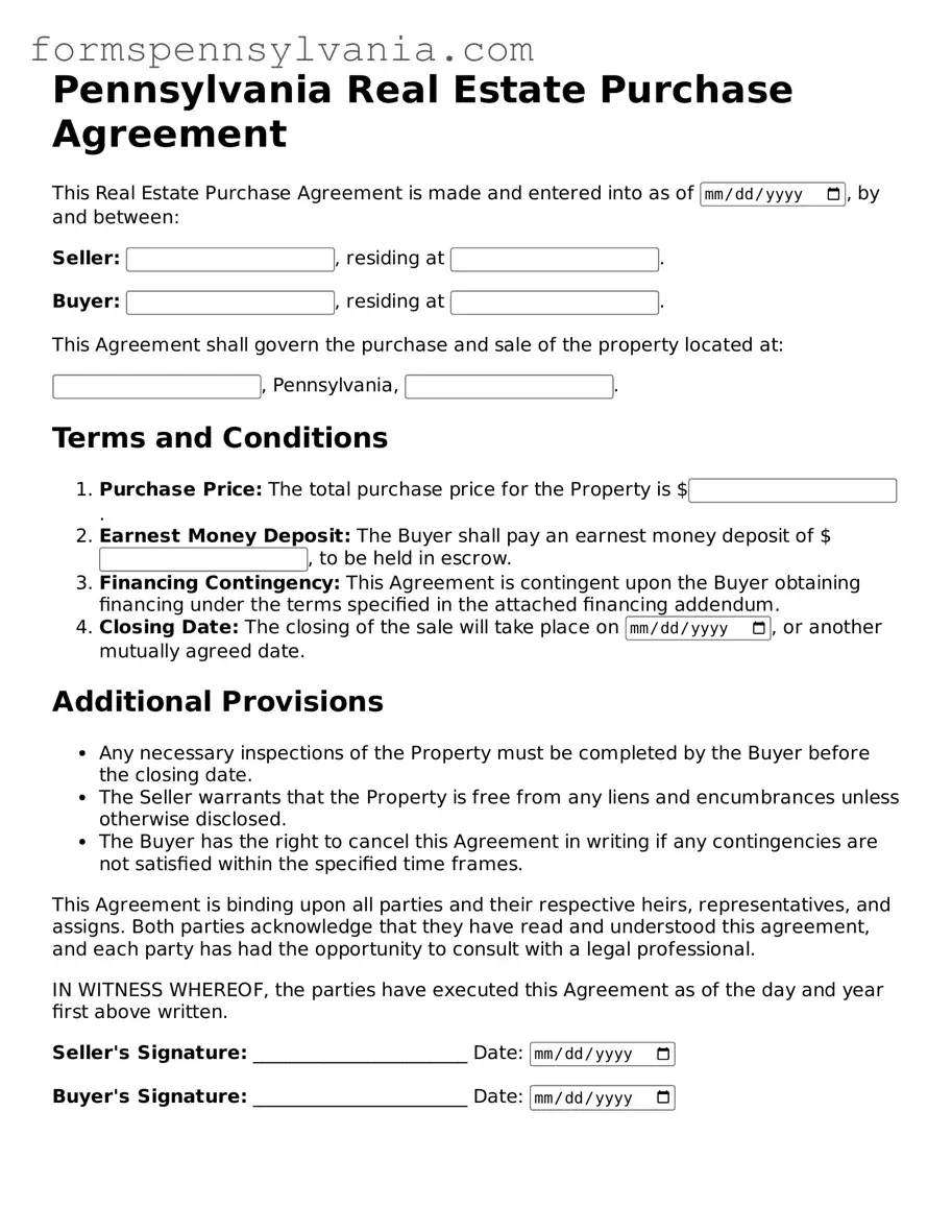 Blank  Real Estate Purchase Agreement Template for Pennsylvania