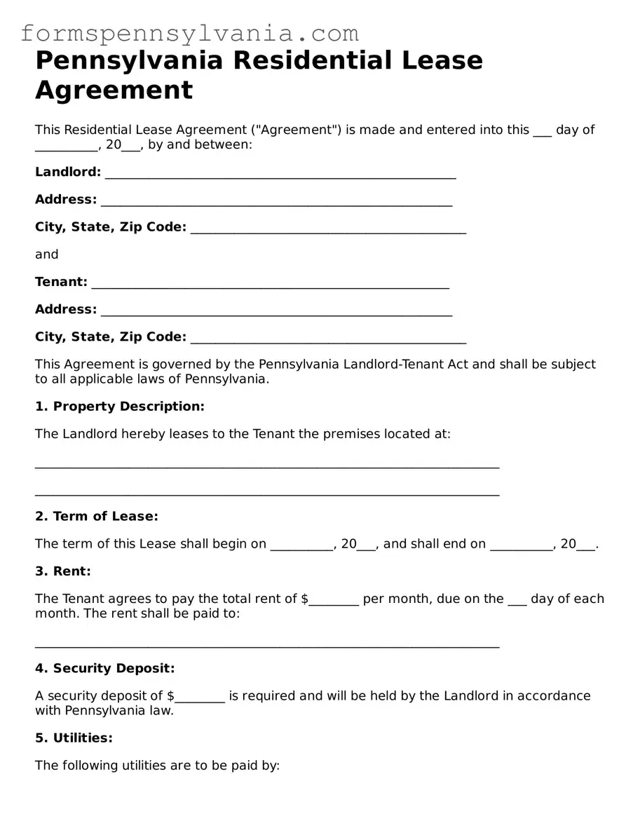 Blank  Residential Lease Agreement Template for Pennsylvania