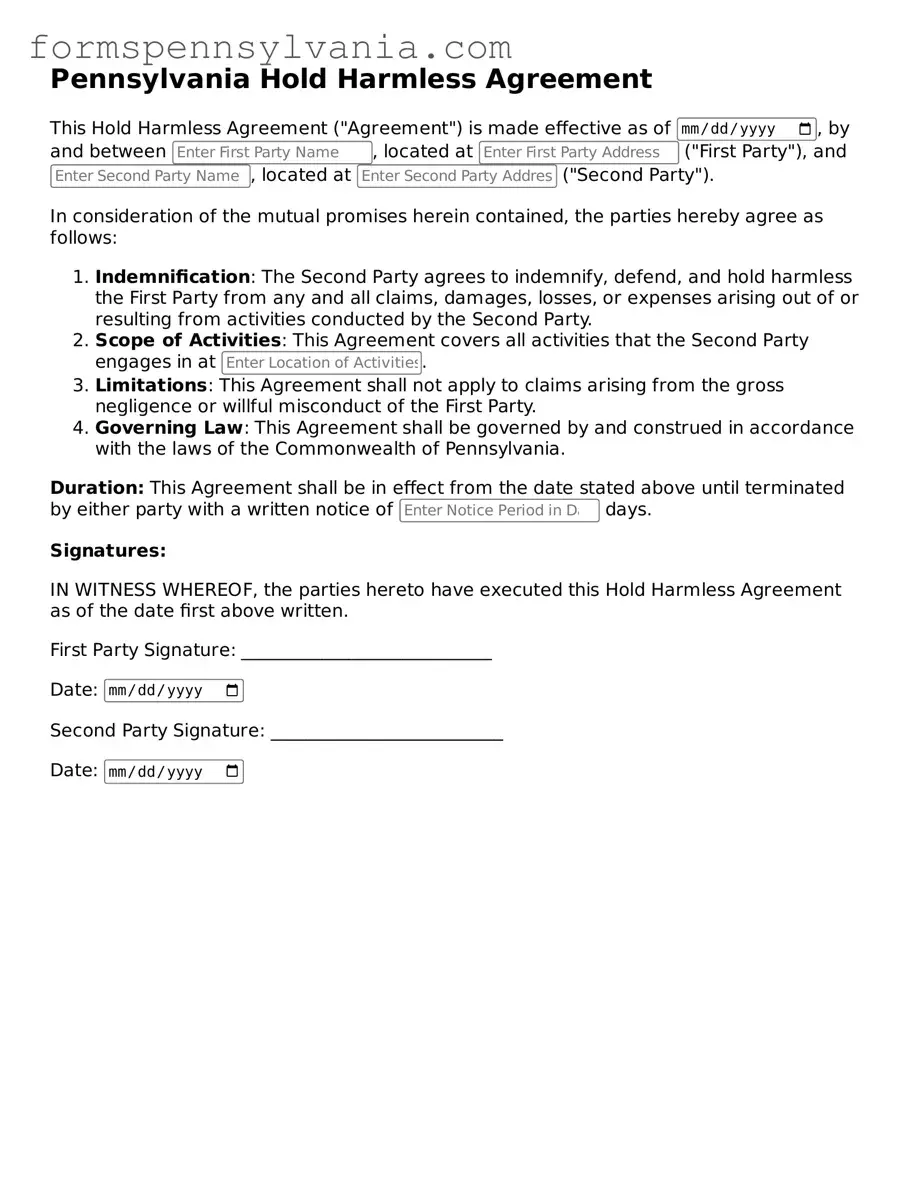 Blank  Hold Harmless Agreement Template for Pennsylvania