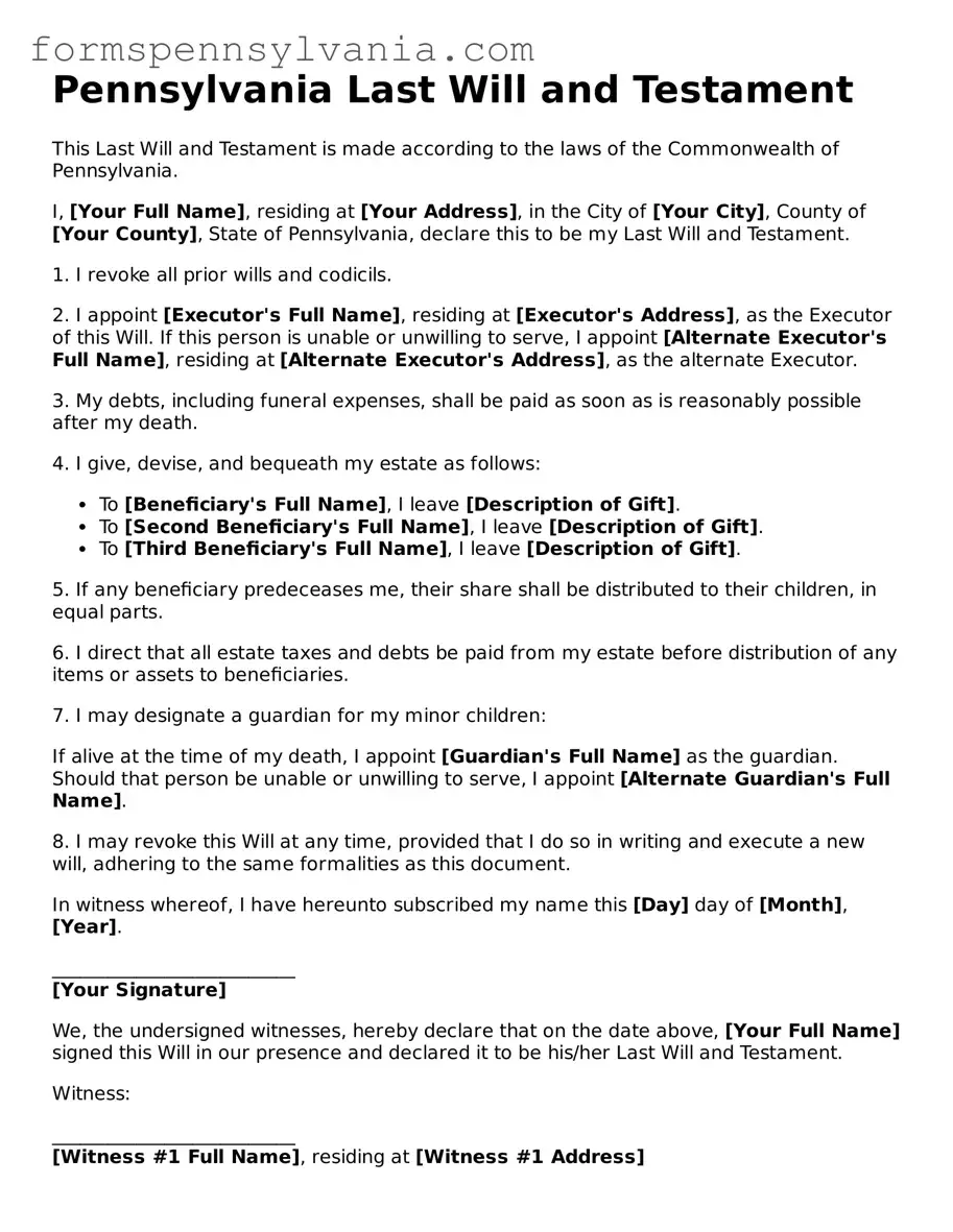 Blank  Last Will and Testament Template for Pennsylvania
