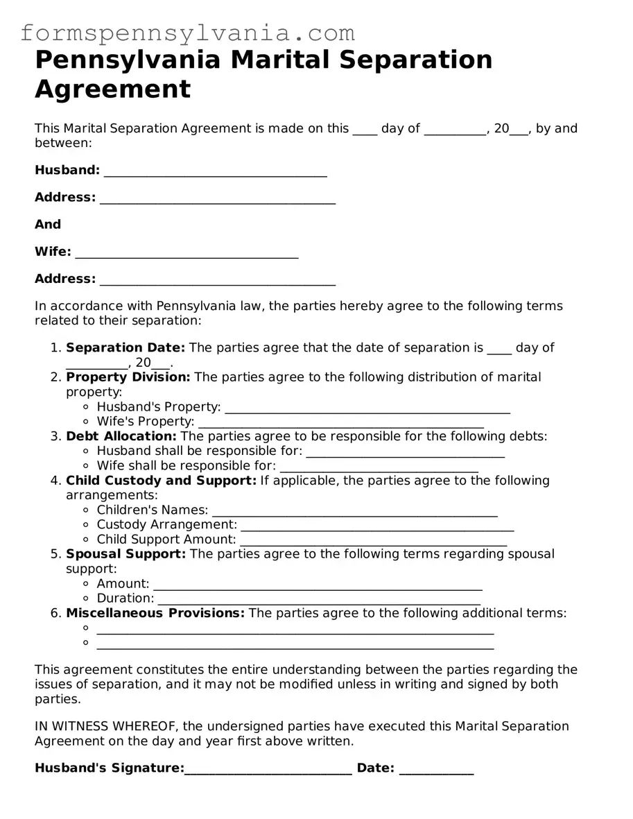 Blank  Marital Separation Agreement Template for Pennsylvania