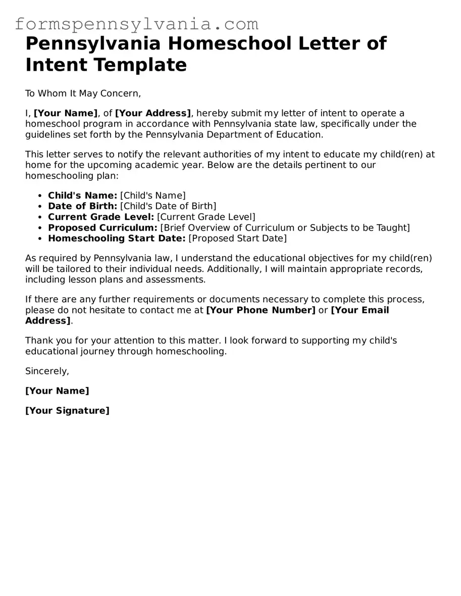 Blank  Homeschool Letter of Intent Template for Pennsylvania