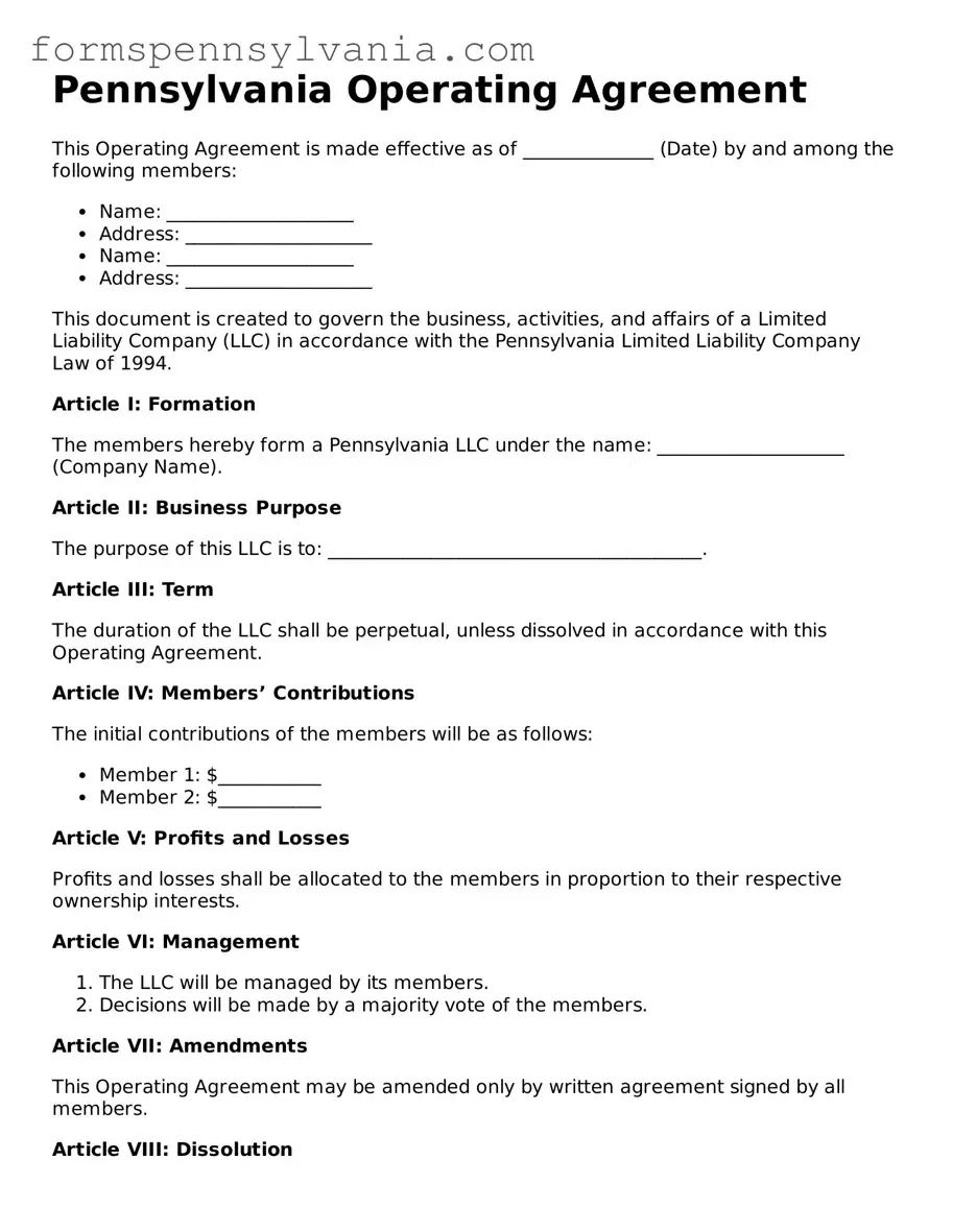Blank  Operating Agreement Template for Pennsylvania