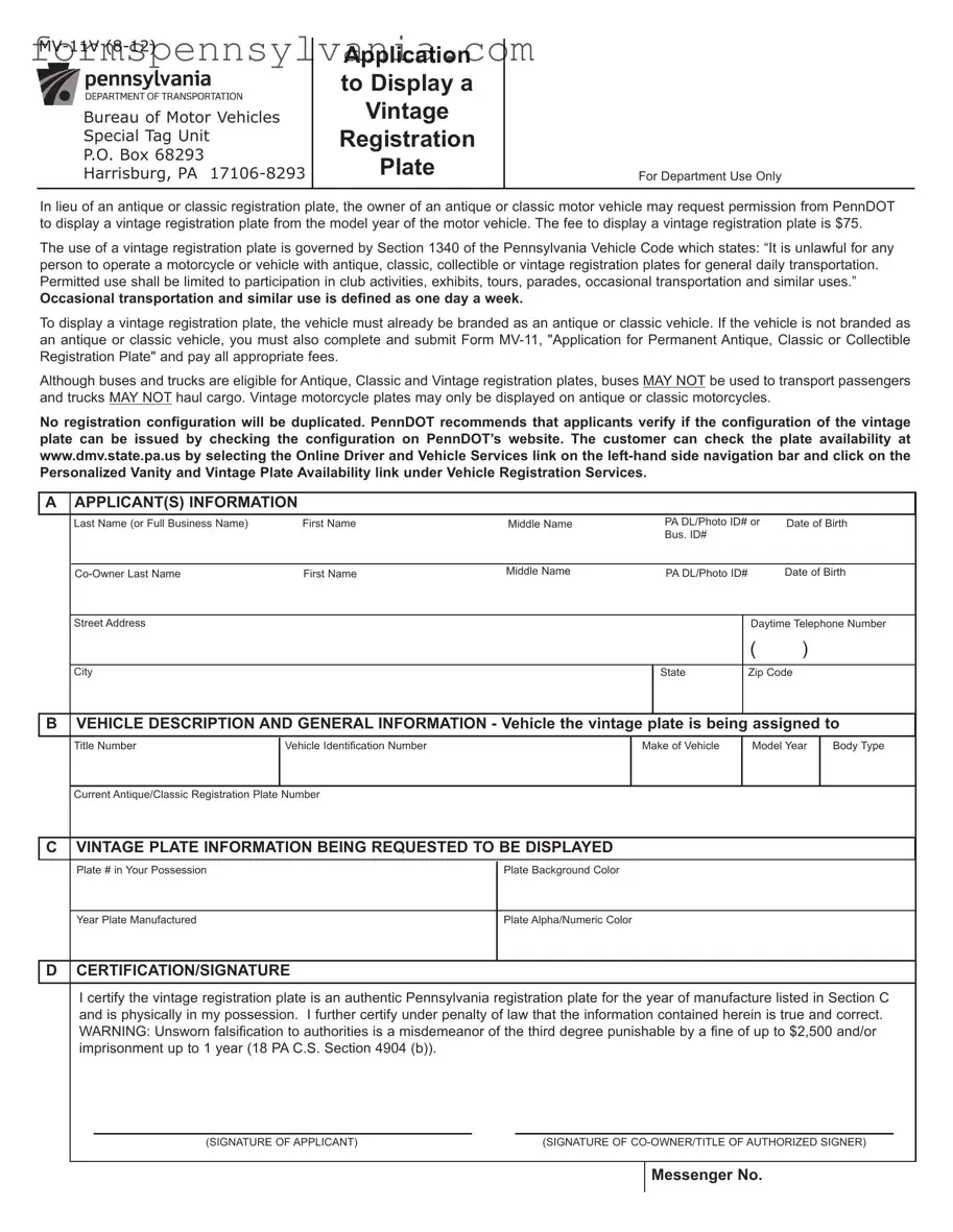 Fill in a Valid Pennsylvania Mv 11V Form