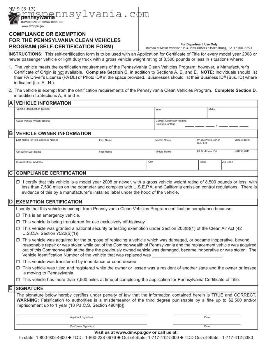 Fill in a Valid Pennsylvania Mv 9 Form