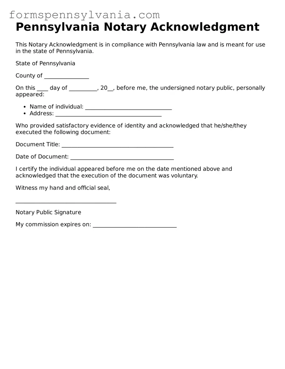 Blank  Notary Acknowledgement Template for Pennsylvania