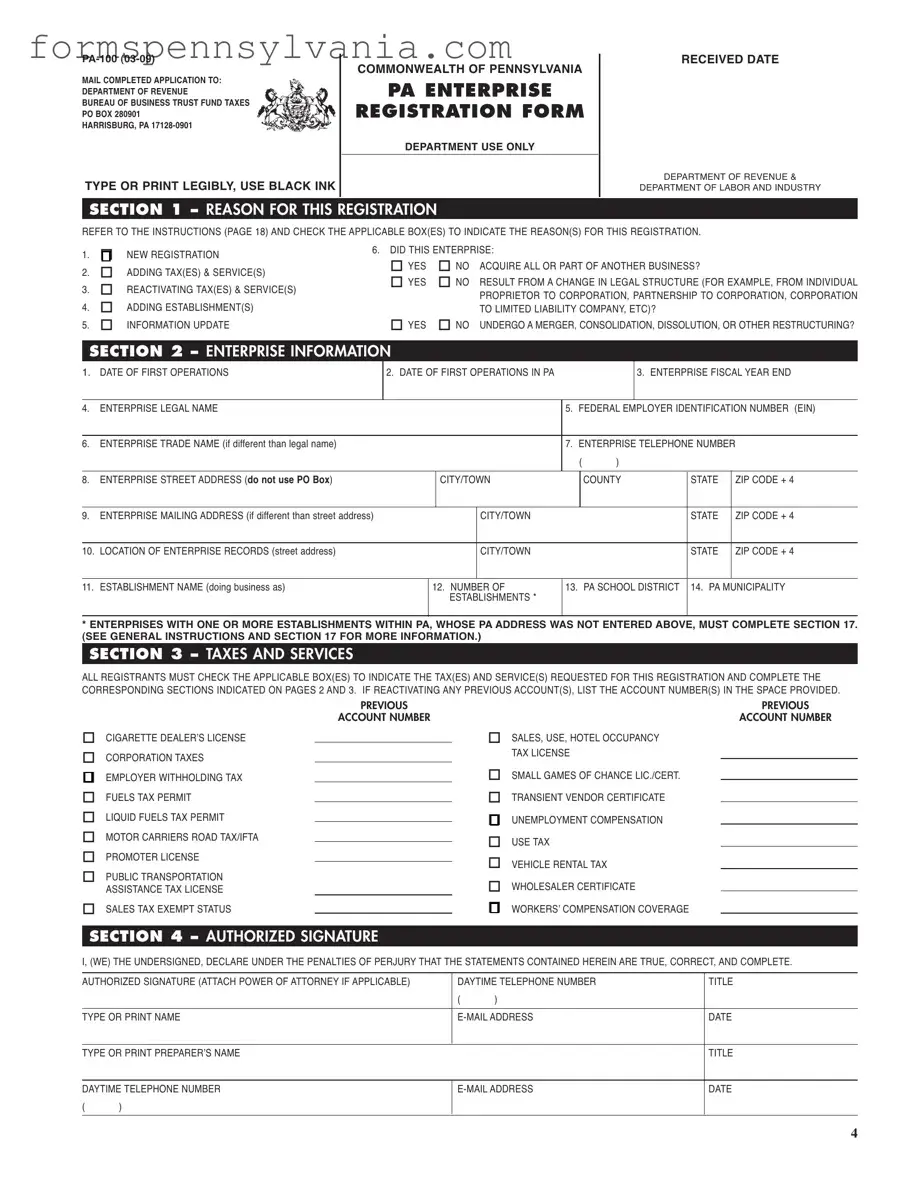 Fill in a Valid Pennsylvania Pa 100 Form