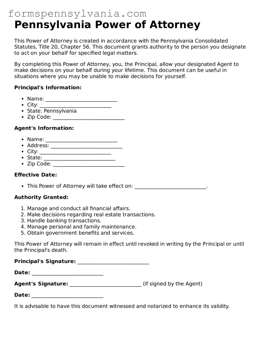 Blank  Power of Attorney Template for Pennsylvania
