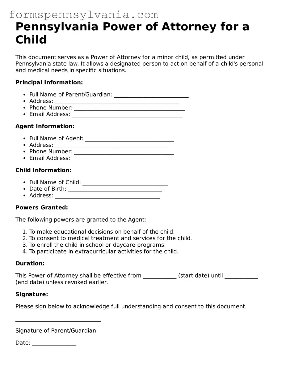 Blank  Power of Attorney for a Child Template for Pennsylvania