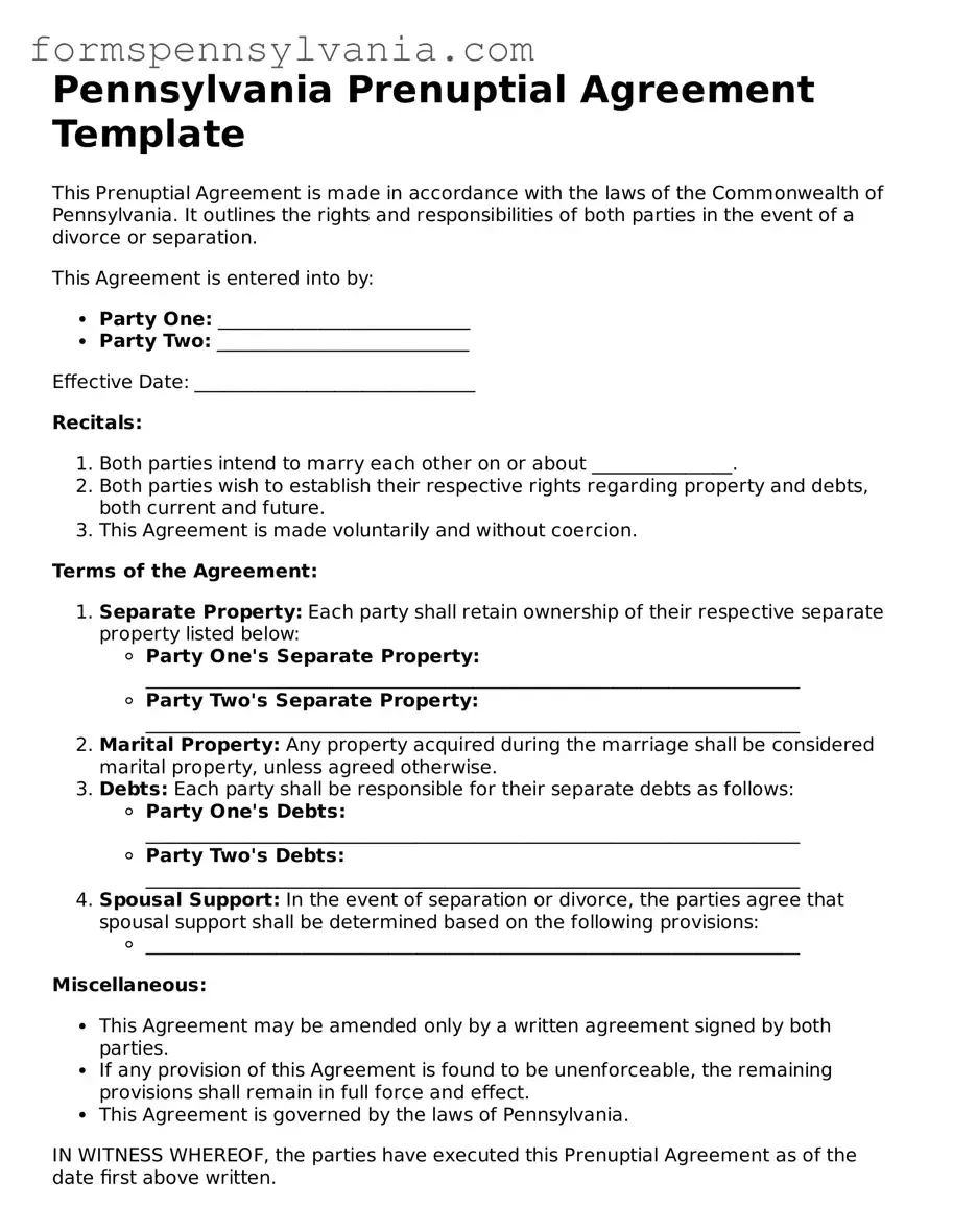 Blank  Prenuptial Agreement Template for Pennsylvania