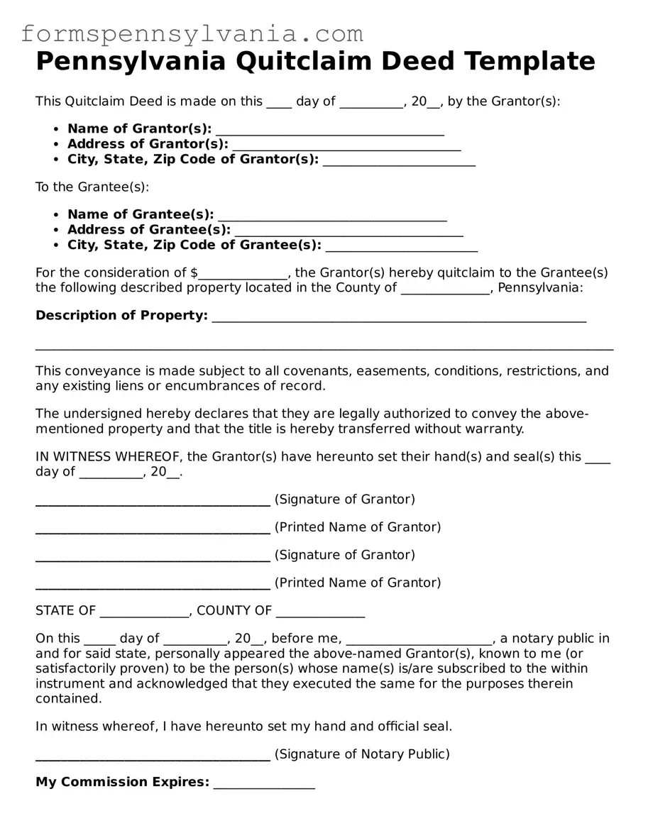 Blank  Quitclaim Deed Template for Pennsylvania