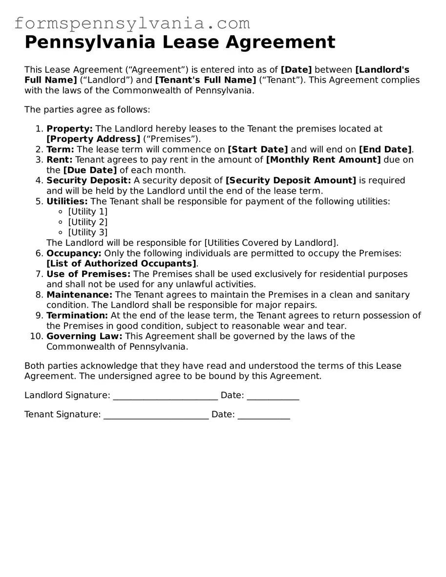Blank  Lease Agreement Template for Pennsylvania