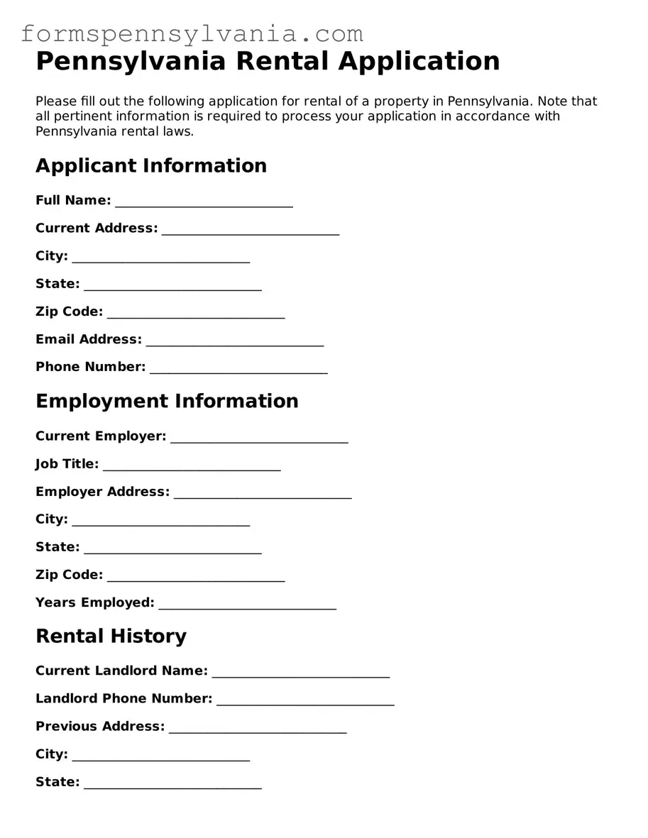 Blank  Rental Application Template for Pennsylvania