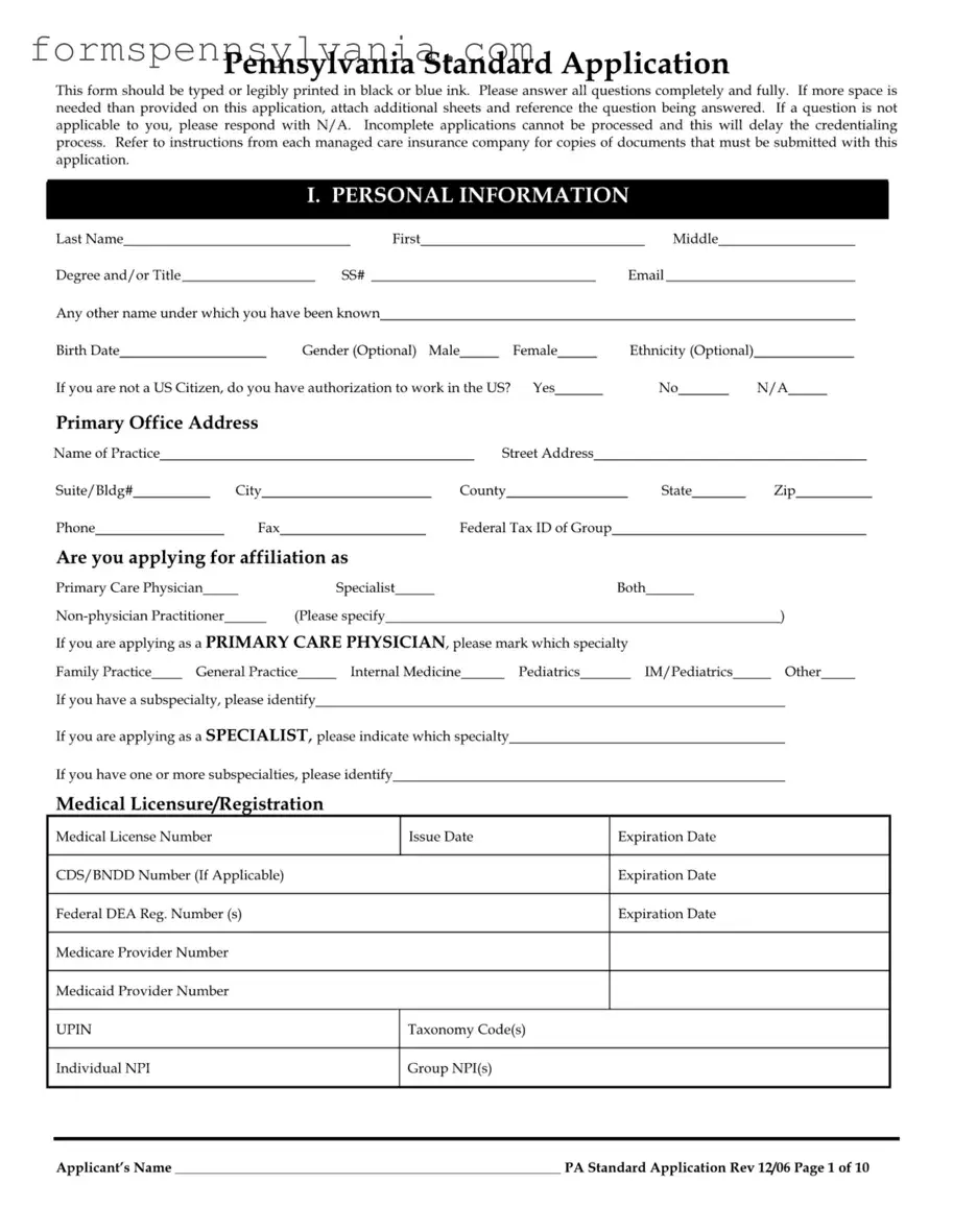 Fill in a Valid Pennsylvania Standard Application Form