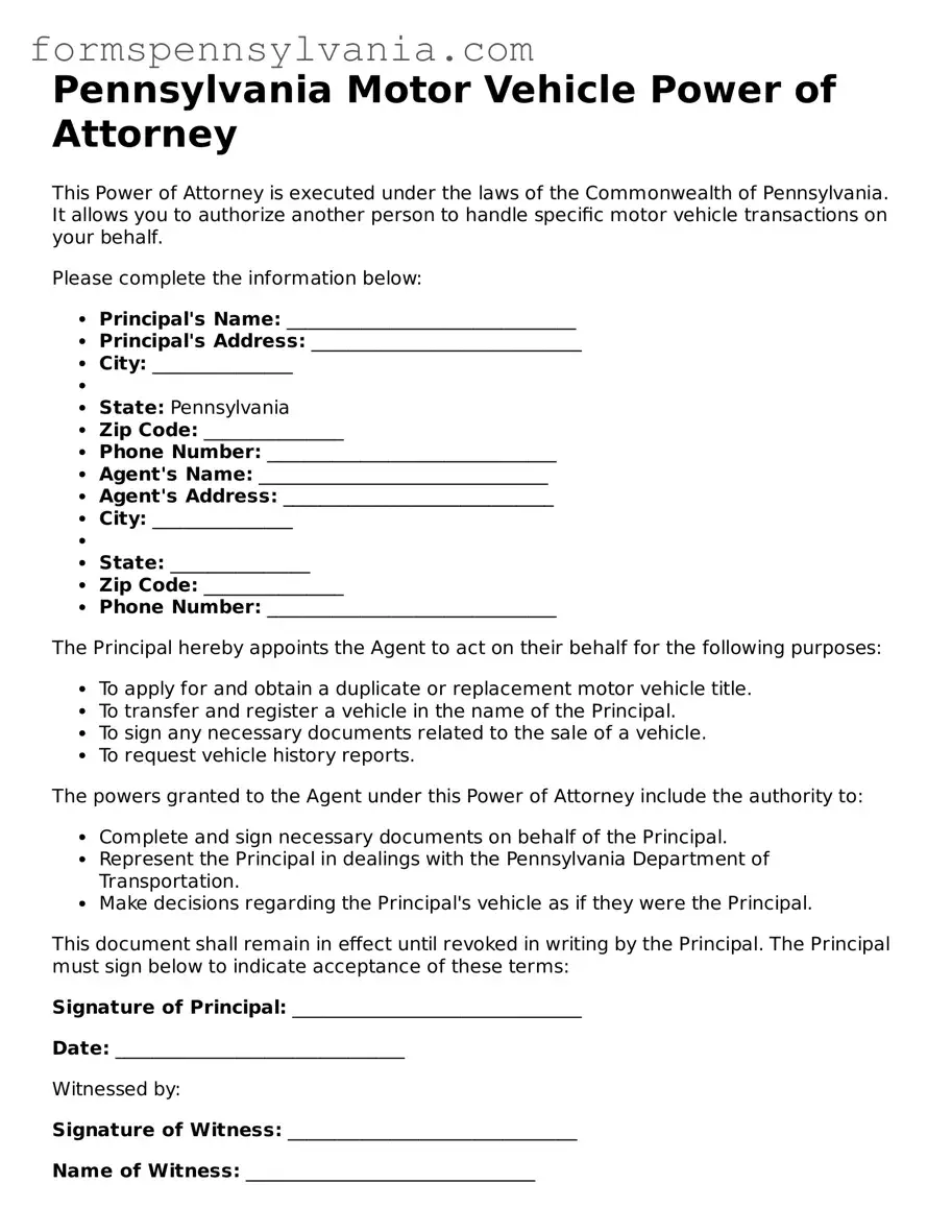 Blank  Motor Vehicle Power of Attorney Template for Pennsylvania