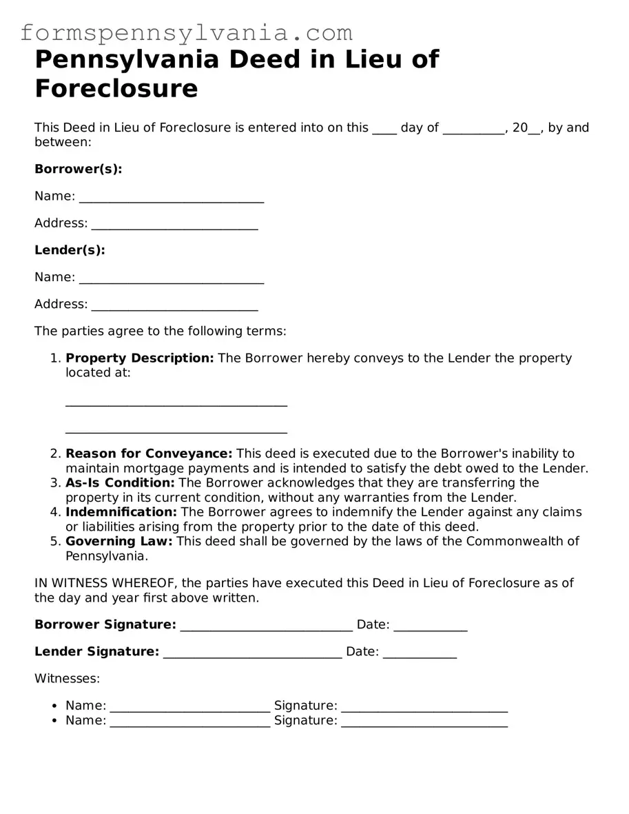Blank  Deed in Lieu of Foreclosure Template for Pennsylvania