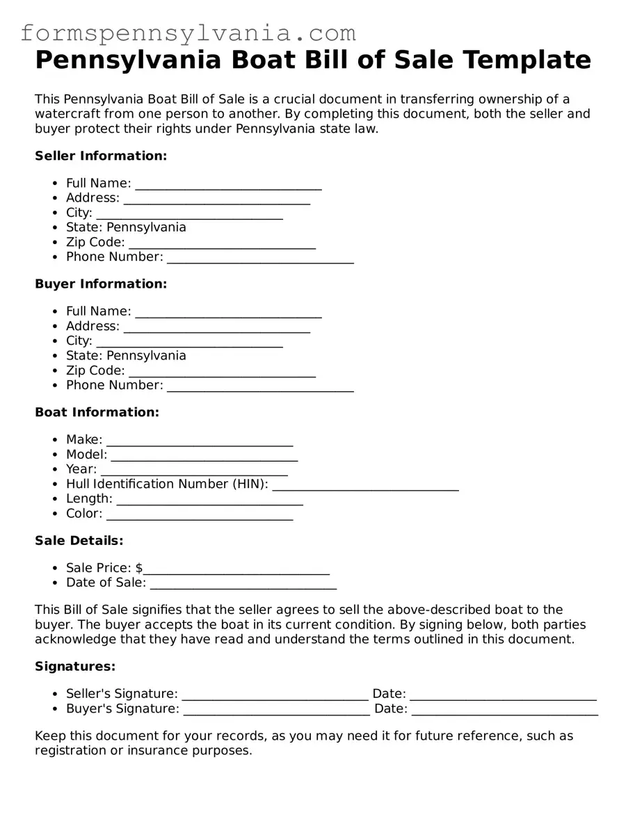 Blank  Boat Bill of Sale Template for Pennsylvania
