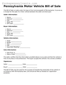 Blank  Motor Vehicle Bill of Sale Template for Pennsylvania