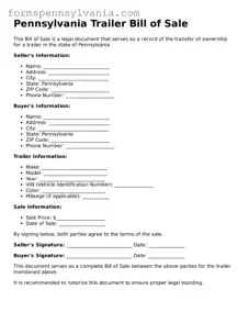 Blank  Trailer Bill of Sale Template for Pennsylvania