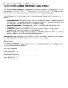 Blank  Hold Harmless Agreement Template for Pennsylvania