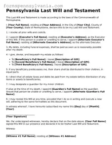 Blank  Last Will and Testament Template for Pennsylvania