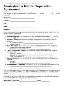 Blank  Marital Separation Agreement Template for Pennsylvania