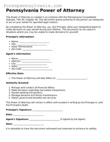 Blank  Power of Attorney Template for Pennsylvania